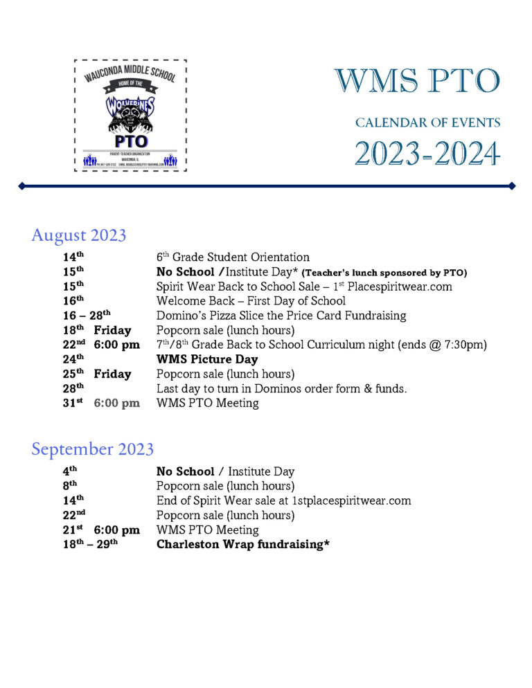 Wauconda Middle School PTO » Calendar of Events 2023 2024