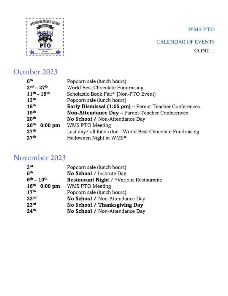 Wauconda Middle School PTO » Calendar of Events 2023 2024