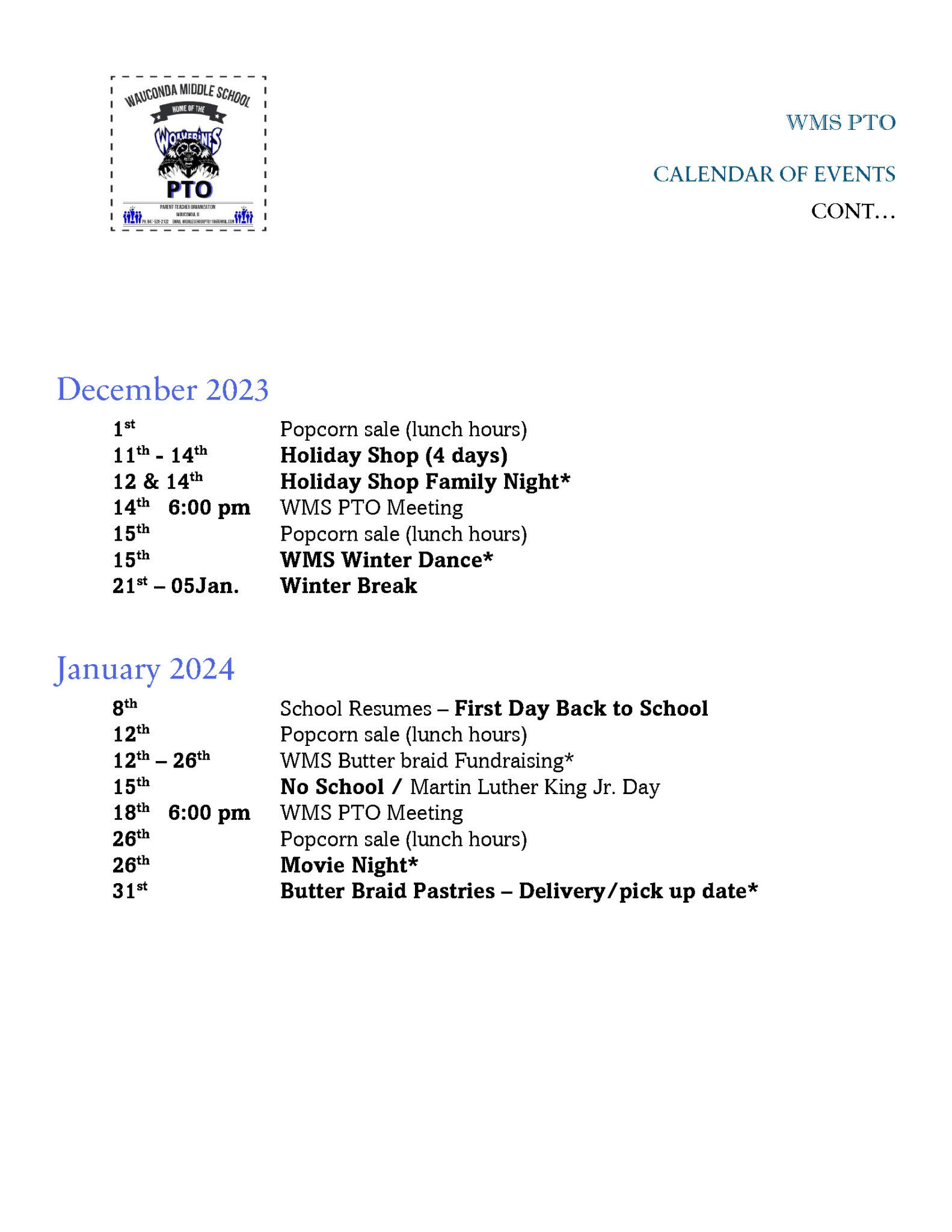 Wauconda Middle School PTO » Calendar of Events 2023 2024