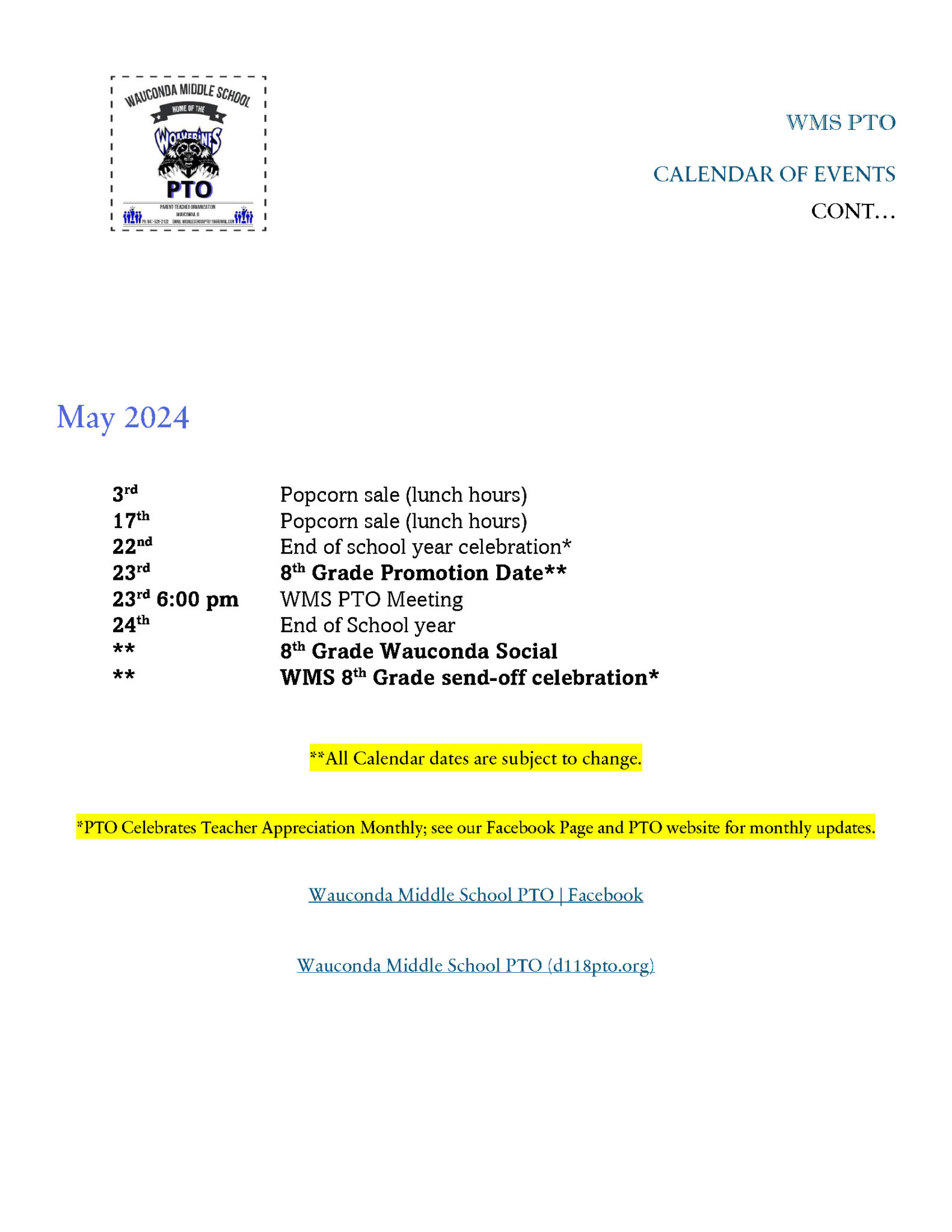 Wauconda Middle School PTO » Calendar of Events 2023 2024